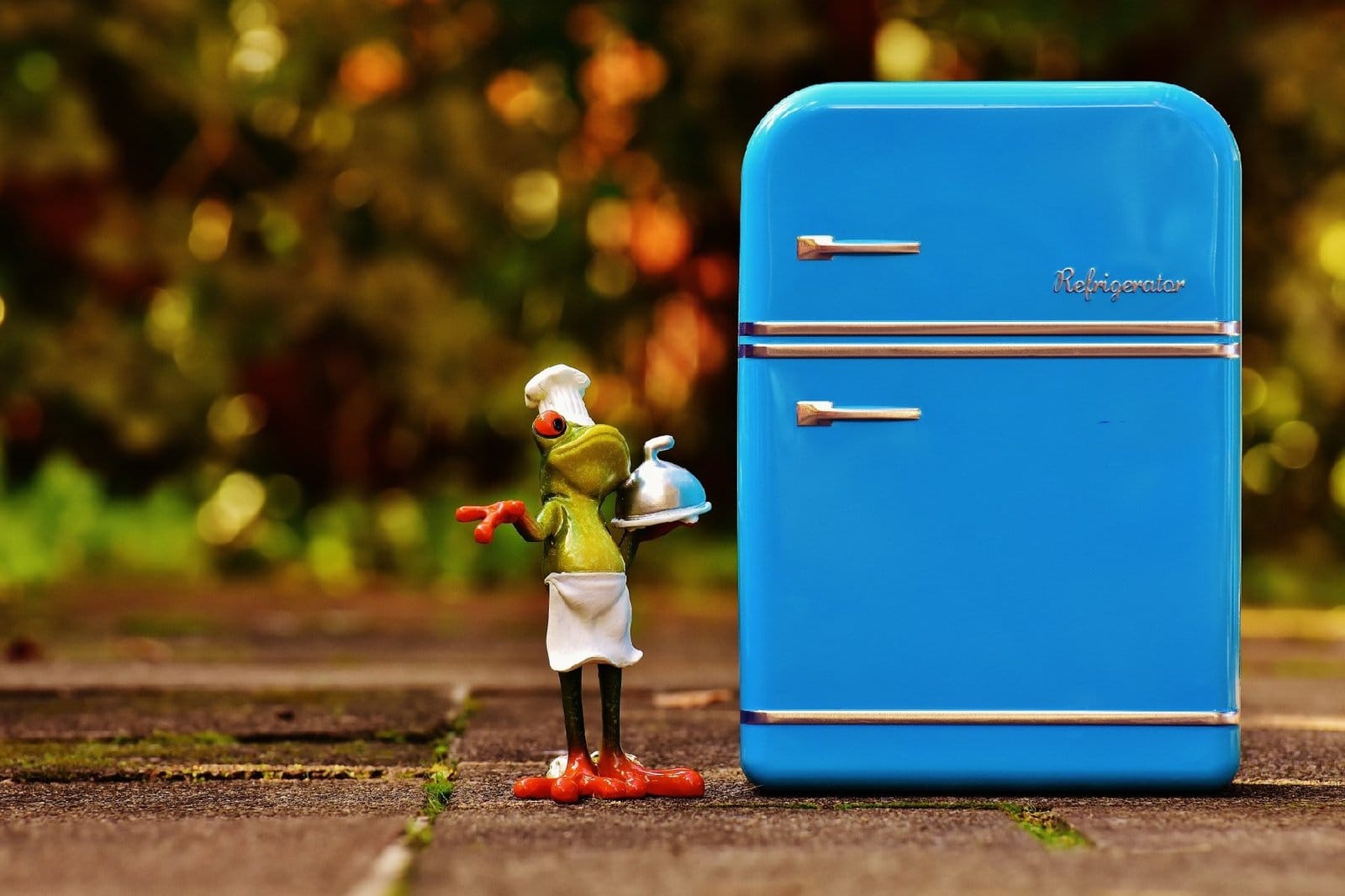 A miniature figure of a duck dressed as a chef standing next to a small blue toy refrigerator outdoors.