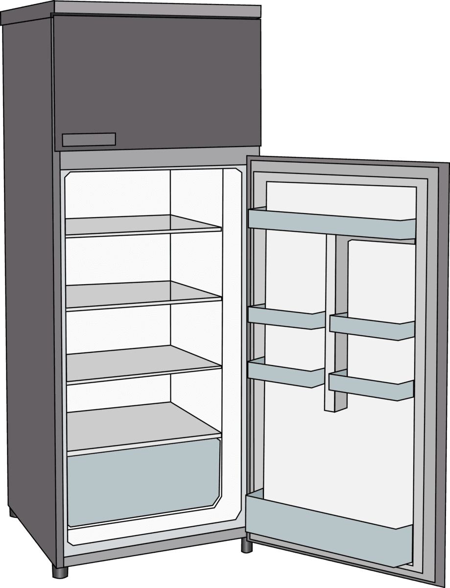Empty open refrigerator with freezer on top and fridge on the bottom.