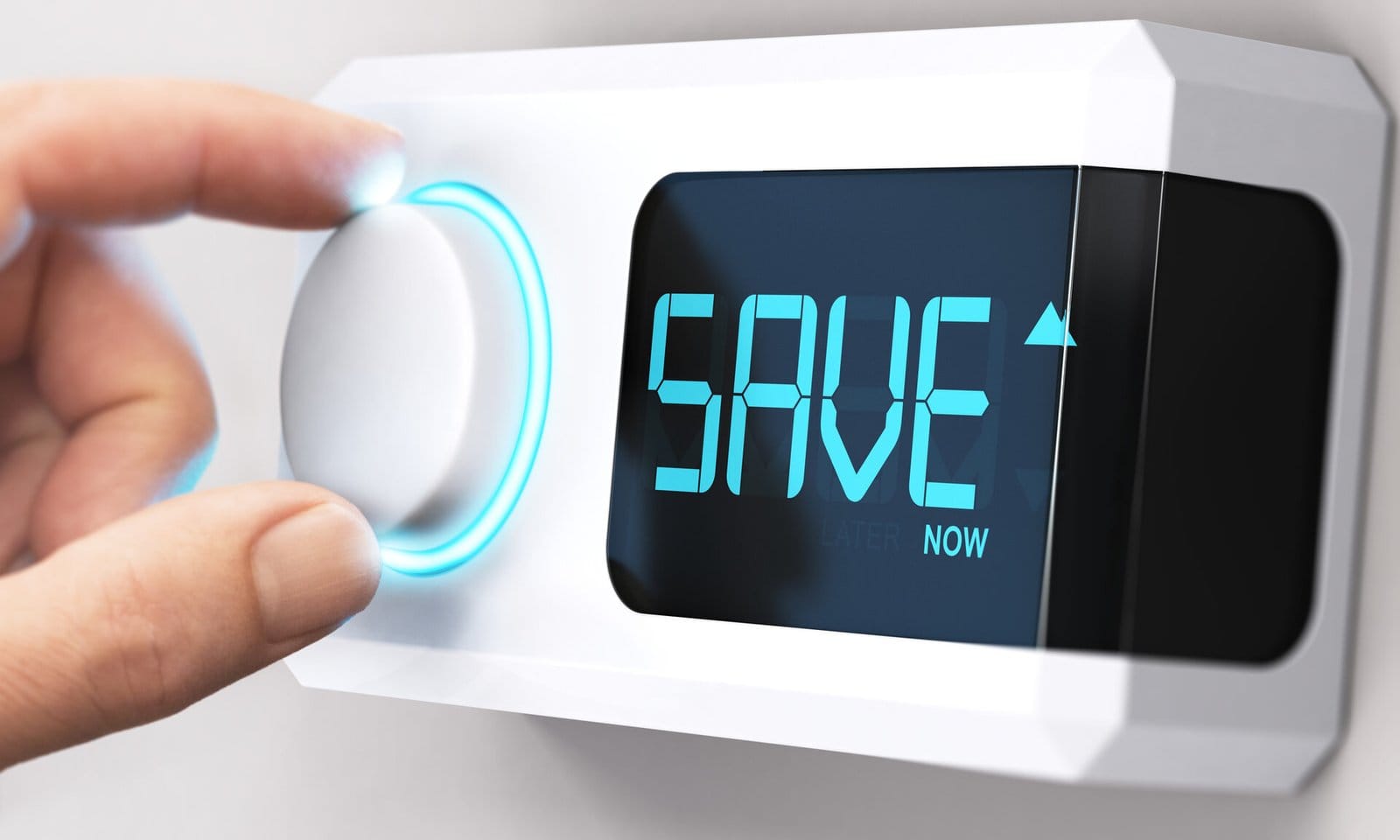 A person's hand adjusting a futuristic save button with options 'later' and 'now'.