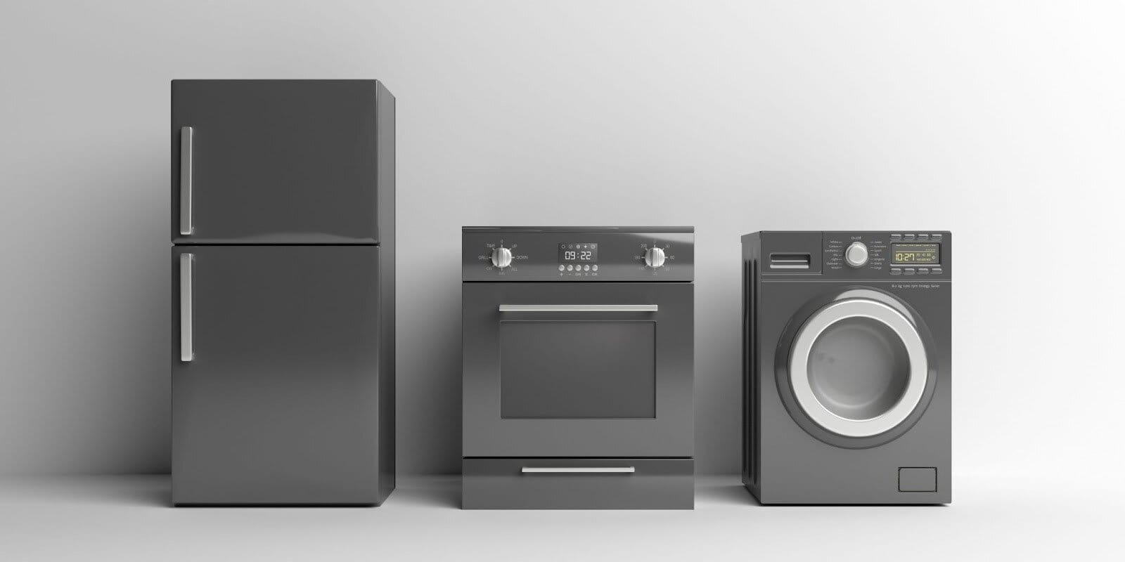 Modern kitchen appliances including a refrigerator, oven, and washing machine against a plain background.