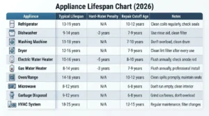 Appliance lifespan chart with hard-water penalty and repair-cutoff columns.