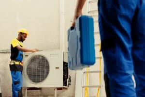 HVAC technician inspecting air conditioning unit with tool case, emphasizing professional maintenance and troubleshooting for cooling issues.