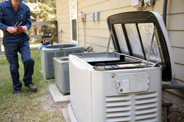 A technician in a blue uniform stands next to a backup generator and air conditioning units outside a residential building, preparing tools for maintenance work.