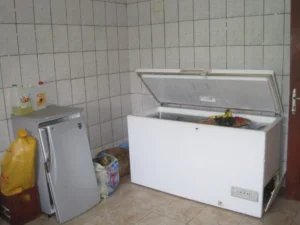 Appliance repair setting featuring a white chest freezer with food items, adjacent to a silver refrigerator and bags, emphasizing the importance of reliable appliance service.