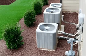 Three air conditioning units installed outside a residential property, surrounded by green grass and decorative shrubs, representing professional A/C replacement services in China Spring, TX.