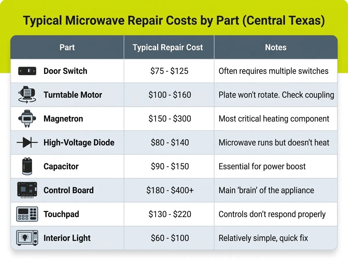 Typical microwave repair costs by part in Central Texas