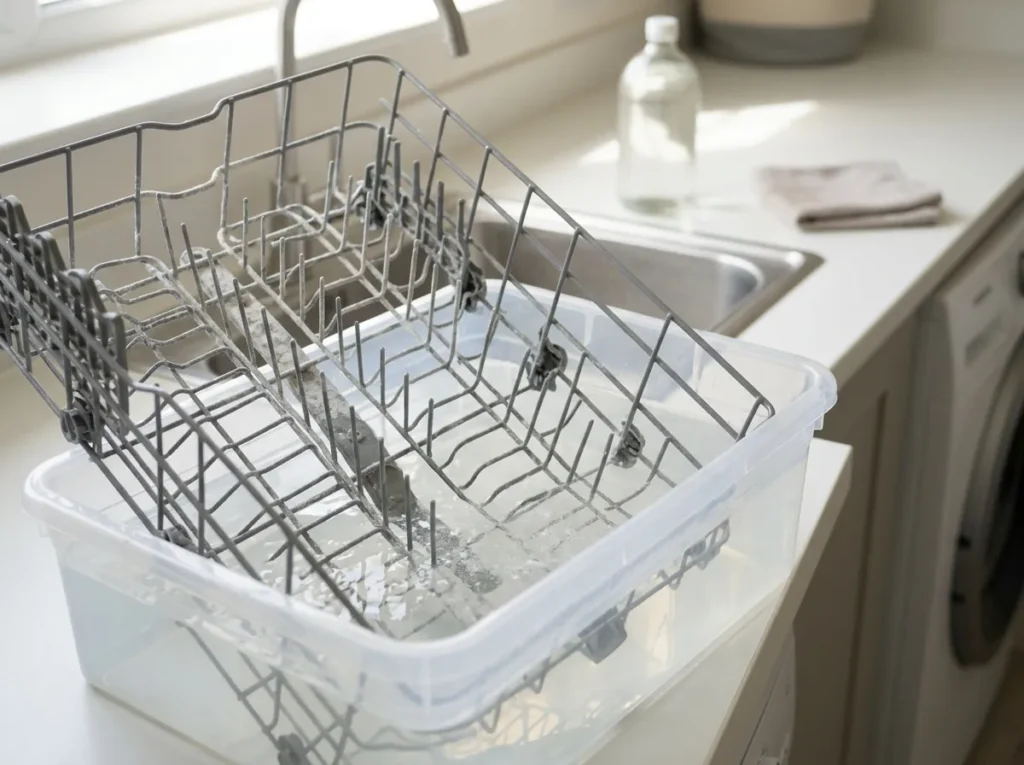 Dishwasher rack soaking in vinegar bath to remove hard-water scale