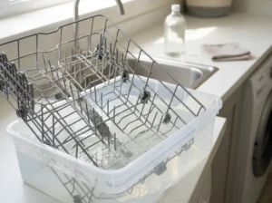Dishwasher rack soaking in vinegar bath to remove hard-water scale