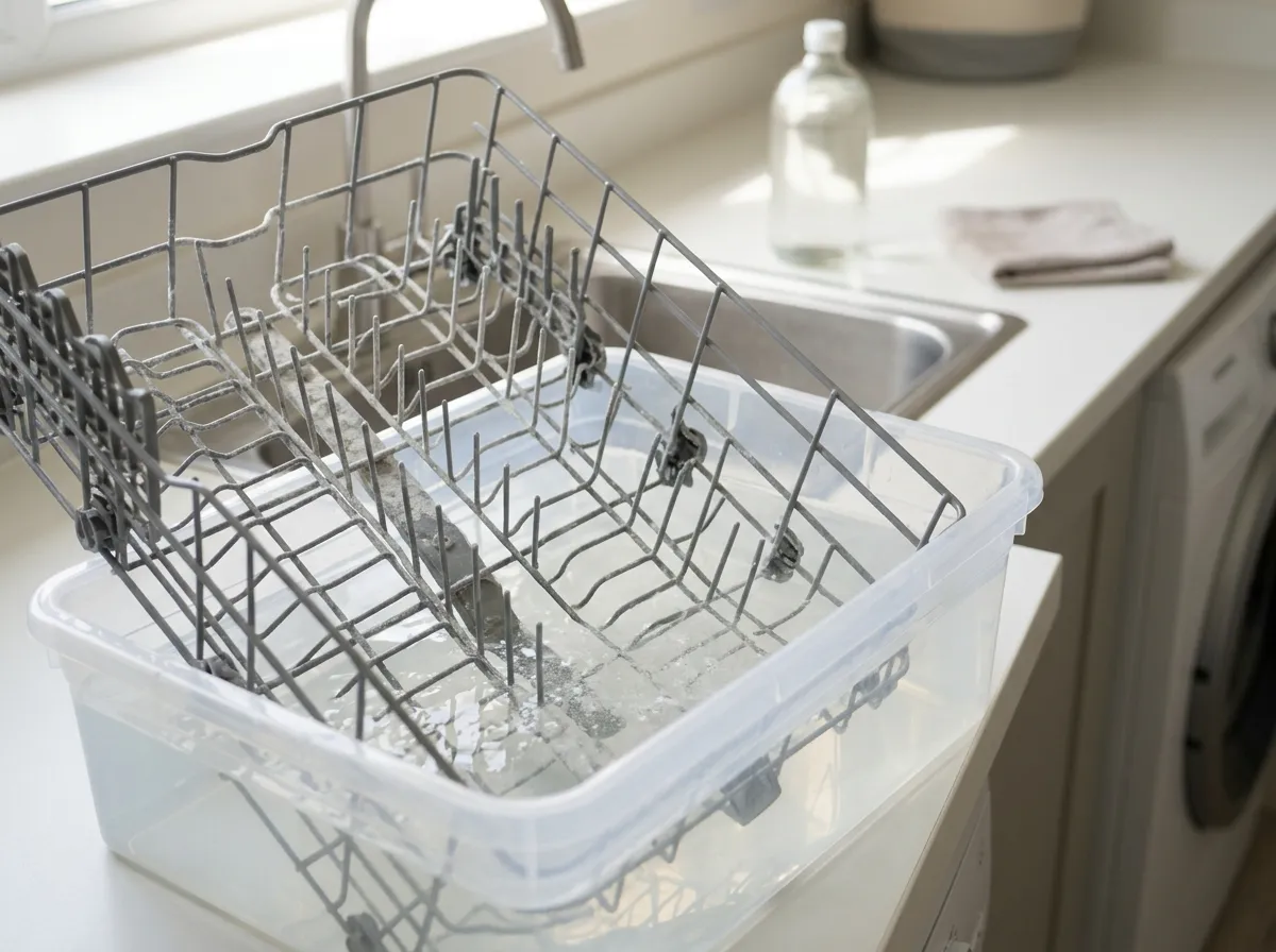 Dishwasher rack soaking in vinegar bath to remove hard-water scale