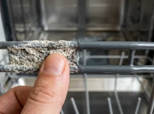 Hard-water limescale on dishwasher rack wire before and after cleaning