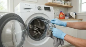 Cleaning the door gasket during monthly washing machine maintenance.