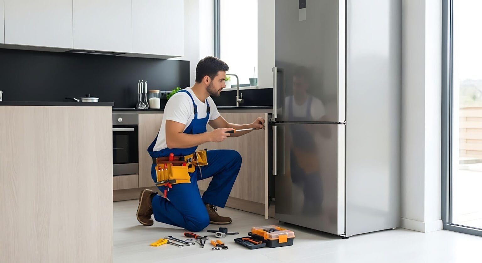 Appliance repair technician fixing a stainless steel refrigerator in a modern kitchen, surrounded by tools, emphasizing appliance maintenance and repair services.