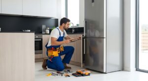 Appliance repair technician fixing a stainless steel refrigerator in a modern kitchen