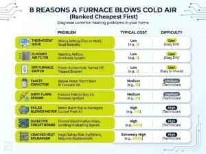 8 reasons a furnace blows cold air, ranked cheapest first