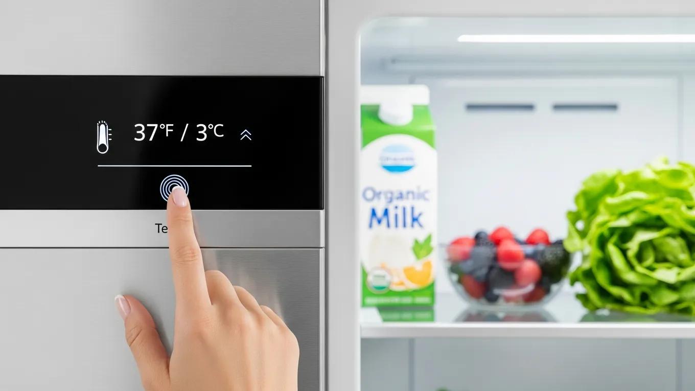 Close-up of a hand adjusting the temperature settings on a refrigerator's digital display