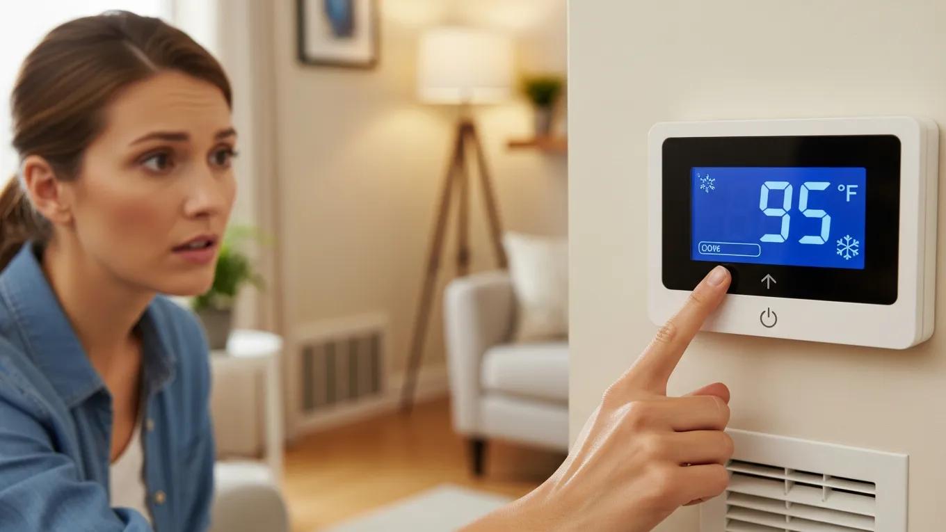 Close-up of a malfunctioning thermostat with a concerned homeowner in the background
