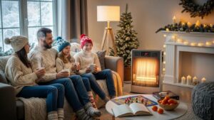 Cozy living room with a modern heater and family enjoying warmth during winter