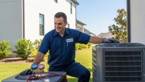HVAC technician inspecting air conditioning unit in a residential setting