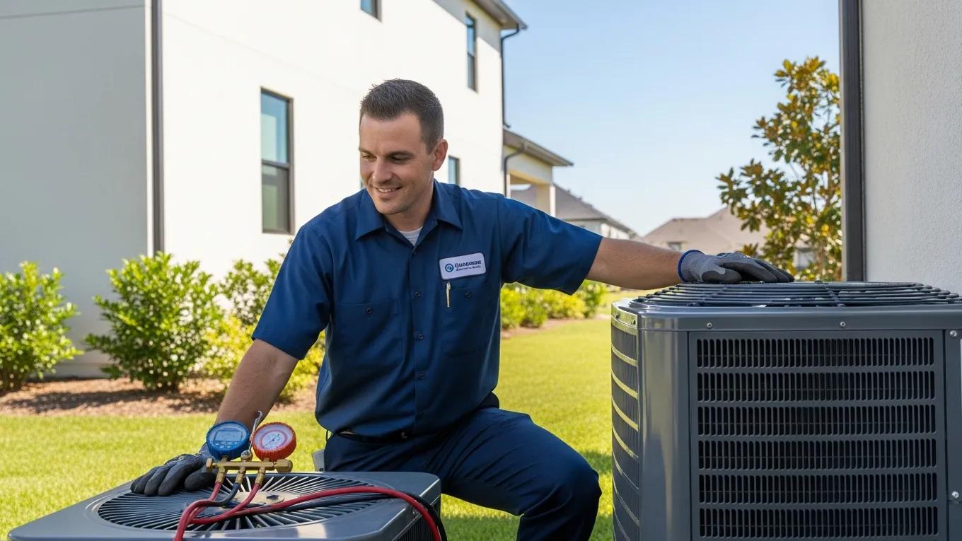 HVAC technician inspecting air conditioning unit in a residential setting