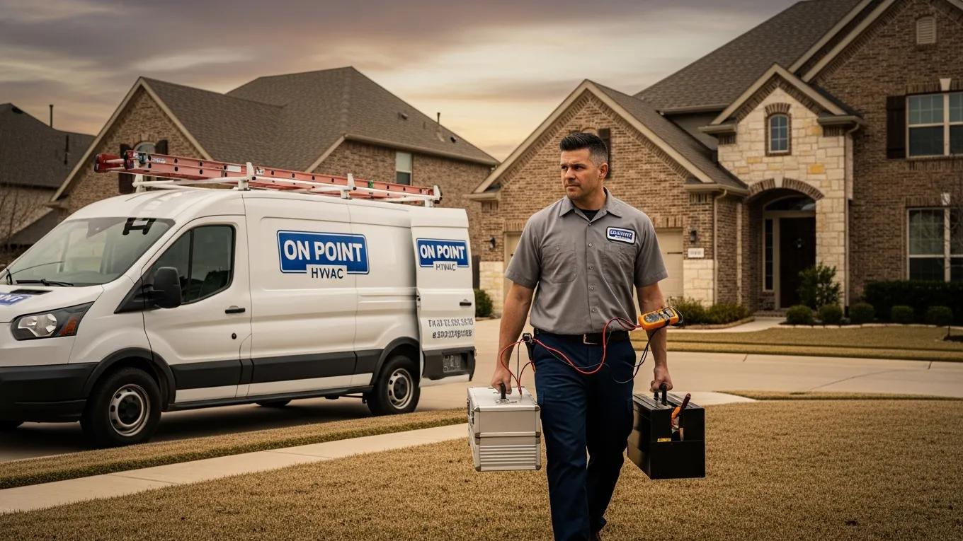 HVAC technician responding to an emergency service call outside a home, showcasing prompt service