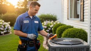 HVAC technician servicing an air conditioning unit in a residential home, highlighting expertise and trust