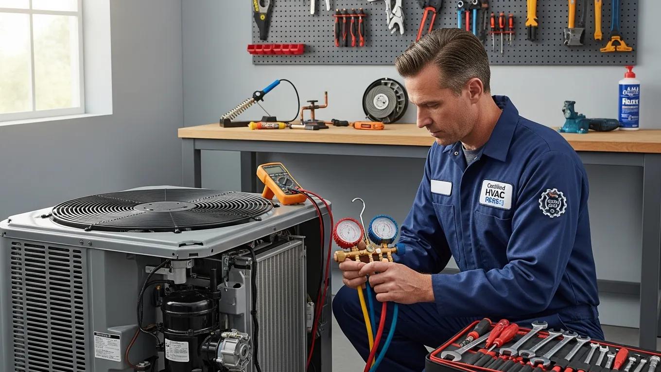 Licensed HVAC technician working on air conditioning system with tools
