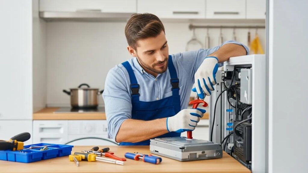 Local technician repairing a refrigerator in a bright kitchen, highlighting appliance repair services