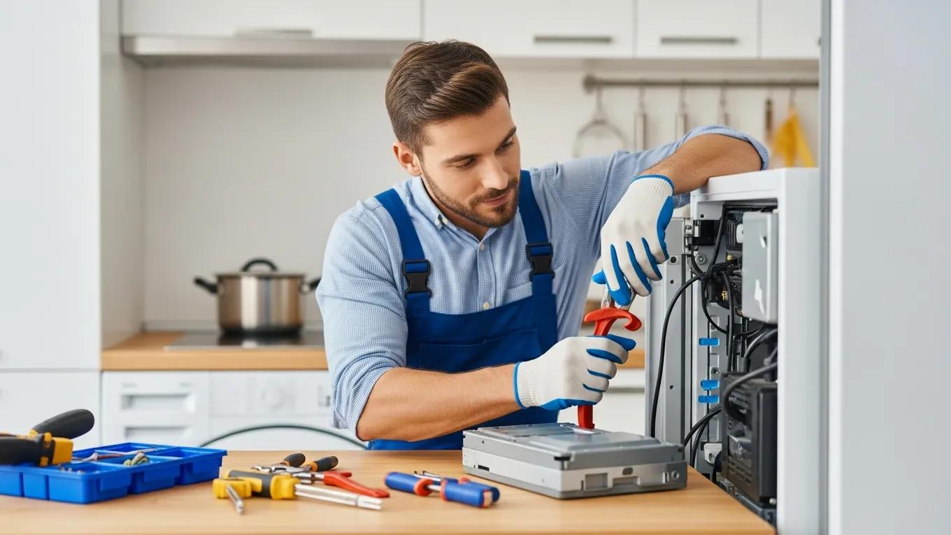 Local technician repairing a refrigerator in a bright kitchen, highlighting appliance repair services