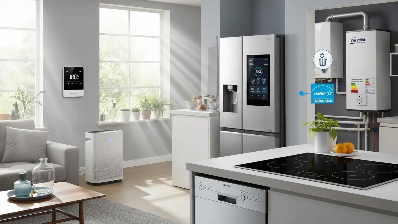 Modern energy-efficient HVAC systems and smart appliances in a stylish home, highlighting sustainability and innovation