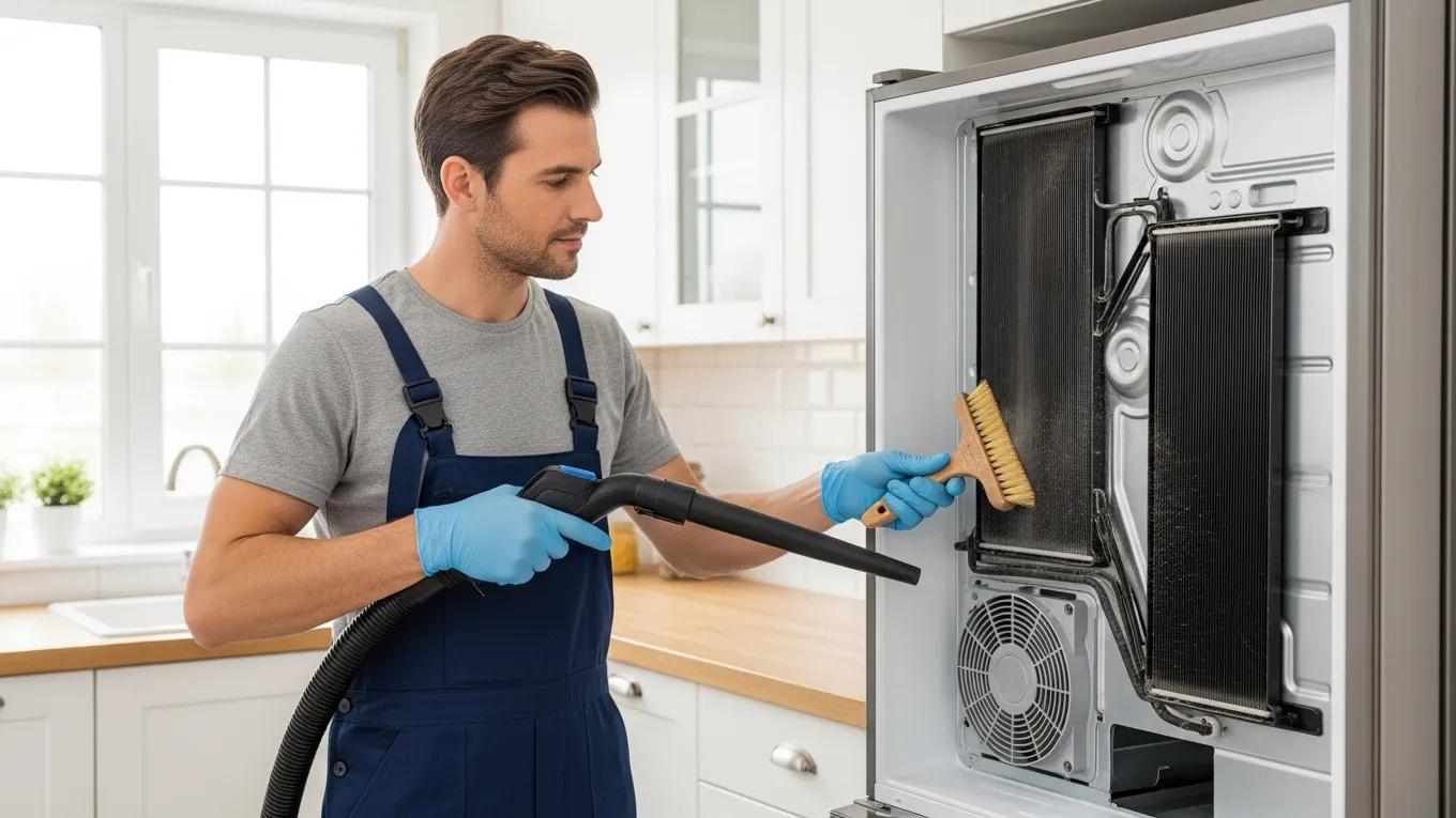 Technician cleaning refrigerator condenser coils with a vacuum and brush in a well-lit kitchen