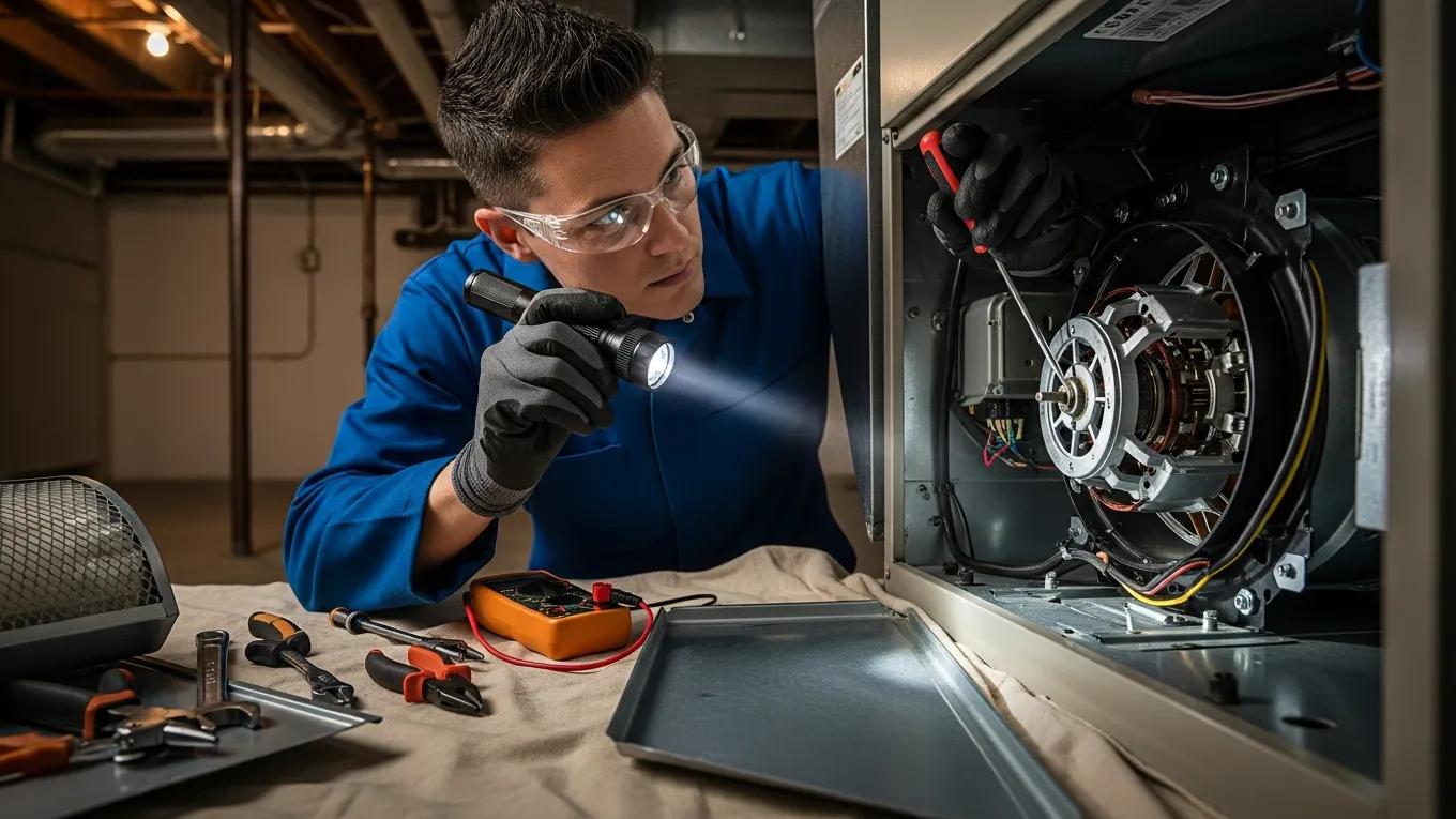 Technician inspecting a blower motor inside a furnace for proper airflow