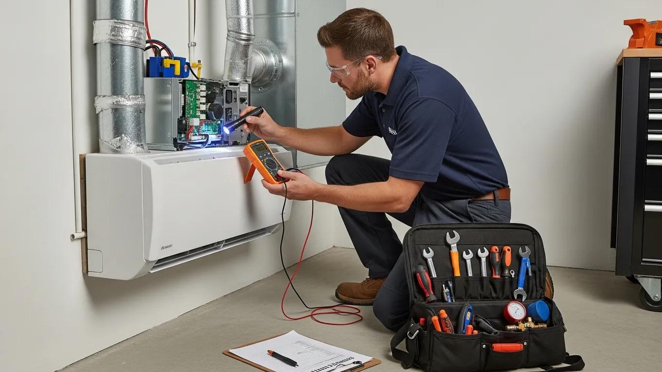 Technician servicing an HVAC unit in a home, highlighting HVAC repair and maintenance services