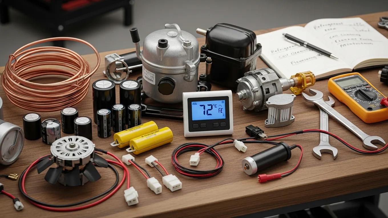 Various air conditioning parts on a workbench illustrating repair cost factors