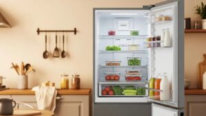 Well-maintained refrigerator in a bright kitchen, showcasing organized food storage and cleanliness