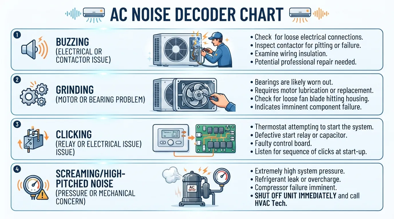 AC noise decoder chart: buzzing, grinding, clicking, screaming.