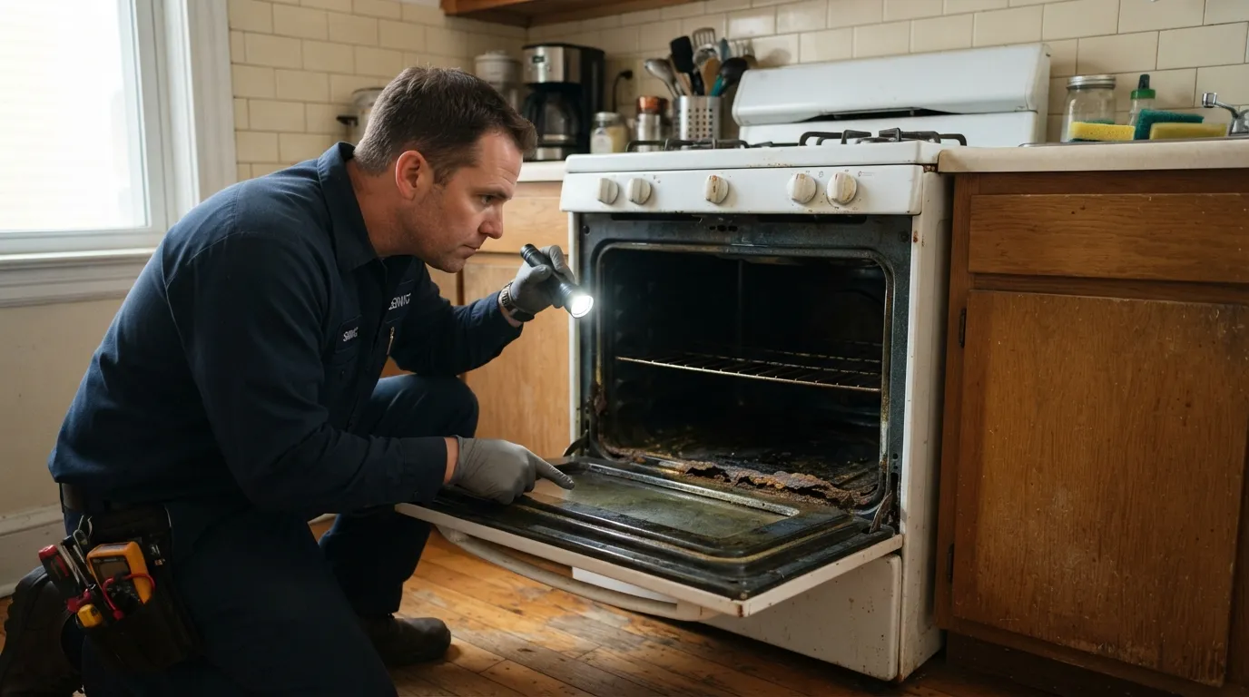 Rust-through inside an oven cavity, a clear sign to replace a stove.