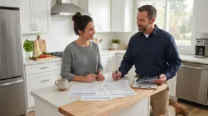Homeowner reviewing written HVAC repair options with a technician at a kitchen counter.