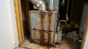Rust streaks on an aging furnace cabinet in an older Waco home