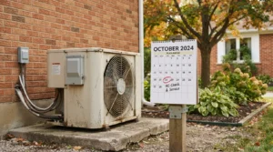 Air conditioner unit and calendar highlighting AC check and service in October.