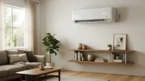 Ductless mini split wall unit with a blinking indicator light.
