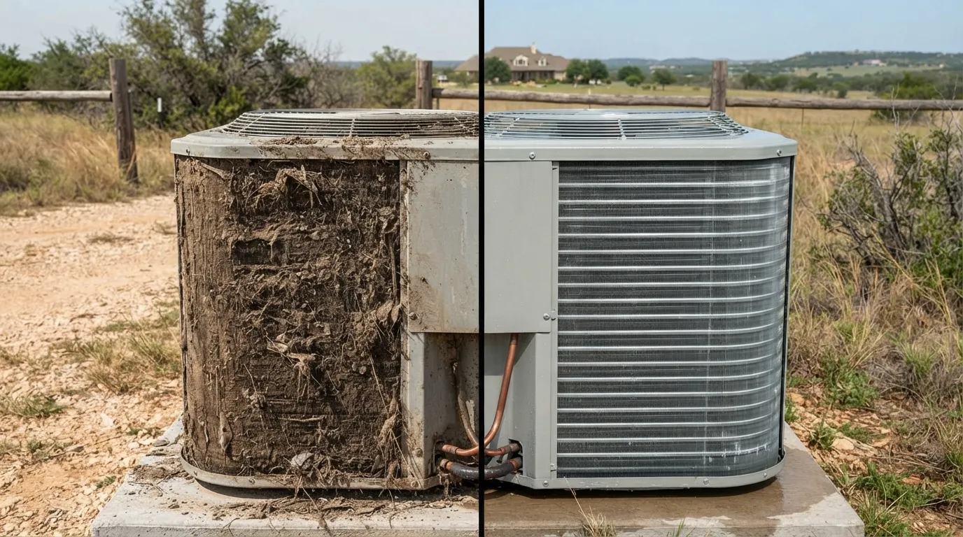Road dust coating an AC condenser coil on a rural Crawford property