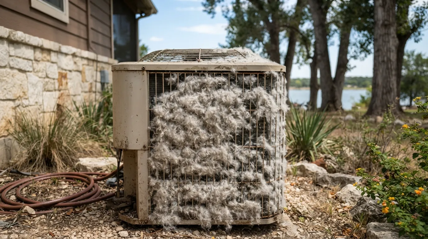 Cottonwood fluff blocking an AC condenser coil near Lake Waco