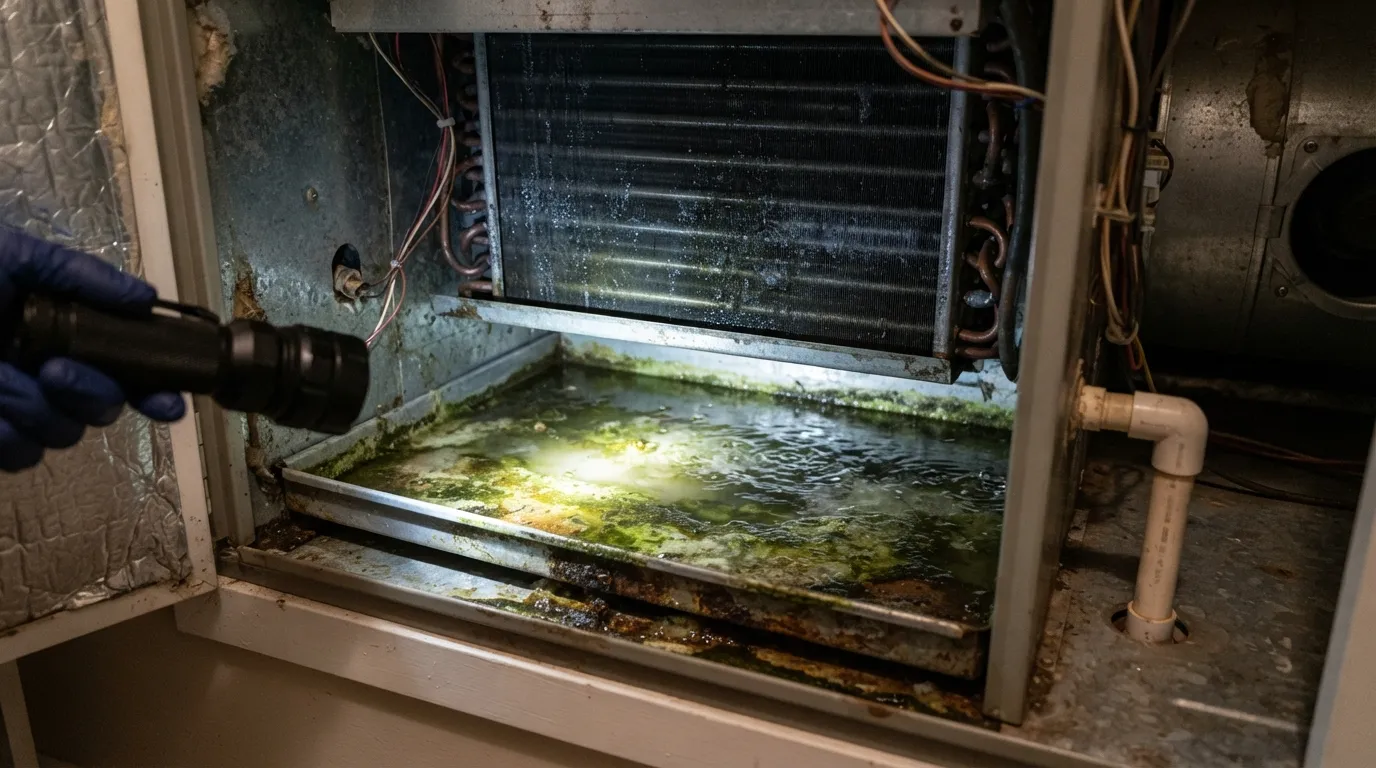 Standing water in an AC drain pan causing a musty smell. 