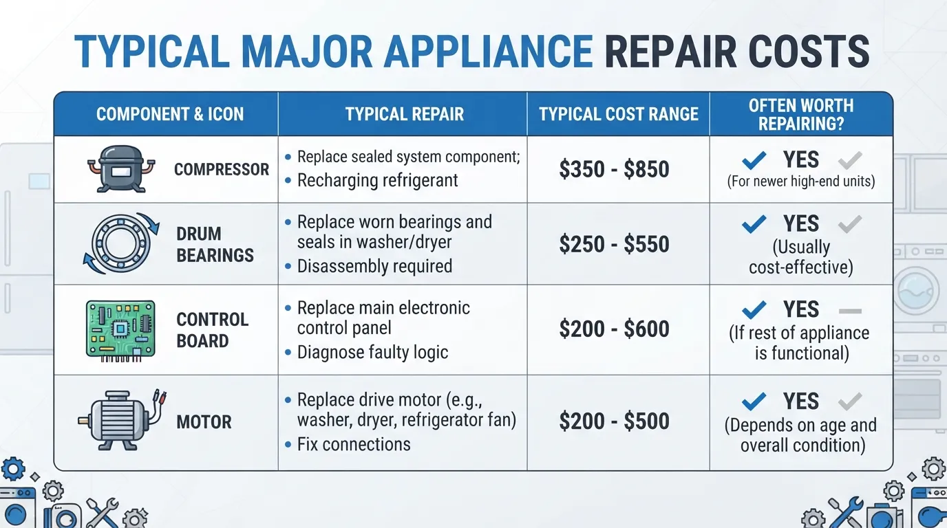 Typical major appliance repair costs: compressor, bearings, control board, motor.