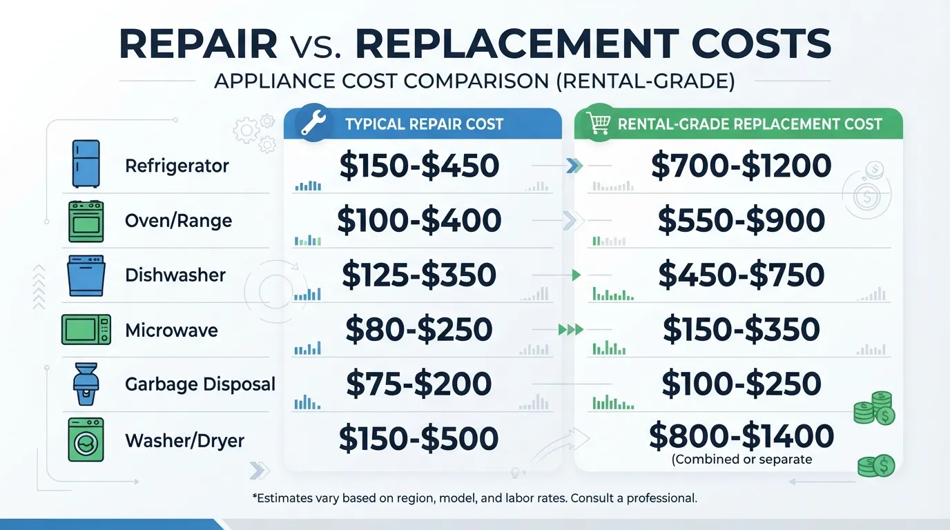 "Typical rental appliance repair costs vs rental-grade replacement costs." 