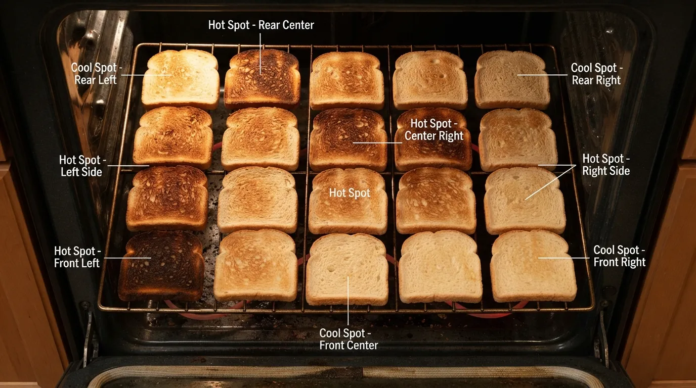 "Toast test revealing an oven's hot spots by browning pattern."