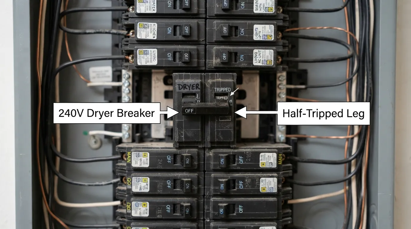 Half-tripped double breaker that stops a dryer from heating