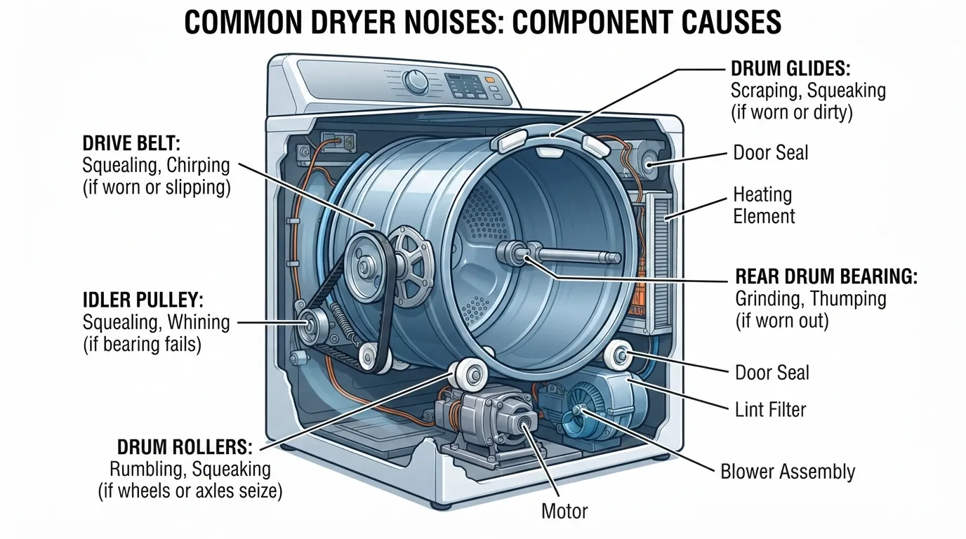 "Dryer parts that cause squealing, grinding, and thumping noises."