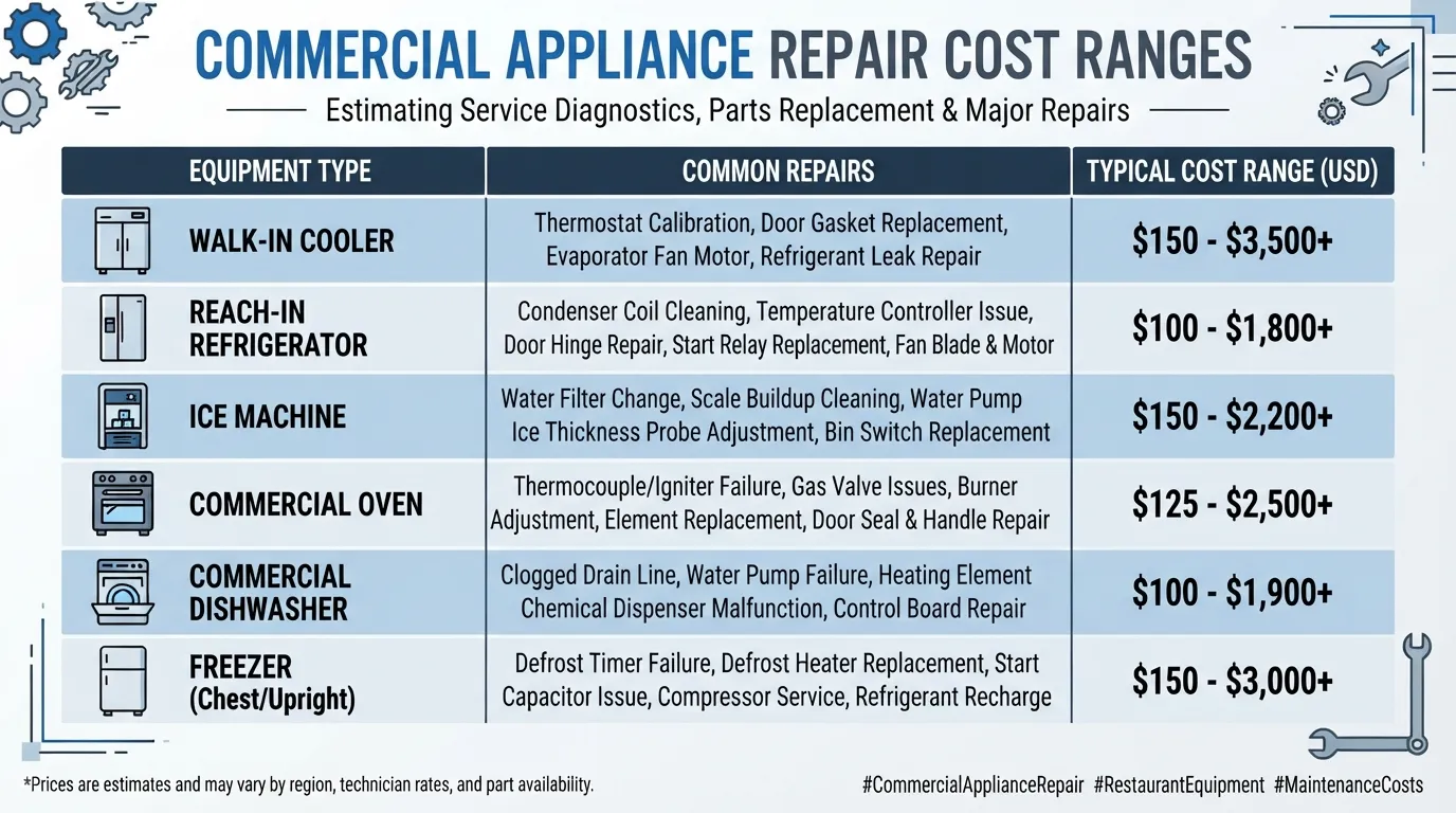 "Typical commercial appliance repair cost ranges in Central Texas by equipment type."