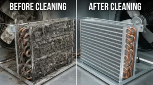 "Dust-matted walk-in cooler condenser coil before cleaning."